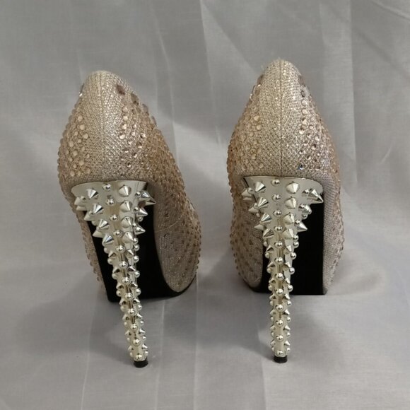 Champagne Rose Rhinestone Gold Spiked Heel 5 1/2in Platform Stiletto - Picture 9 of 12